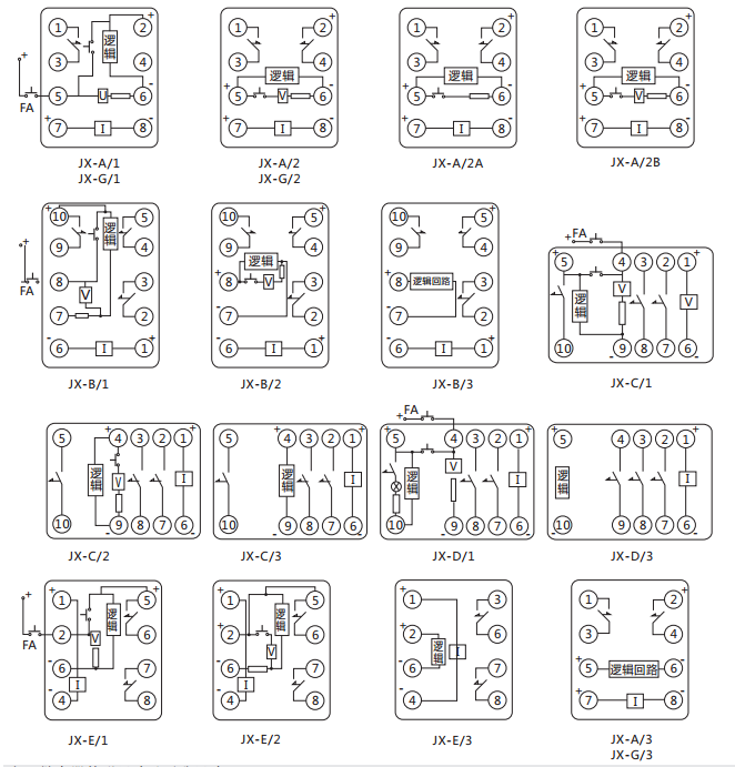 JX-A/2B靜態信號繼電器內部接線及外引接線圖（正視圖）