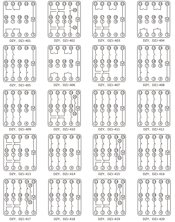 DZY（J)-407導軌式中間繼電器內部端子外引接線圖(正視)